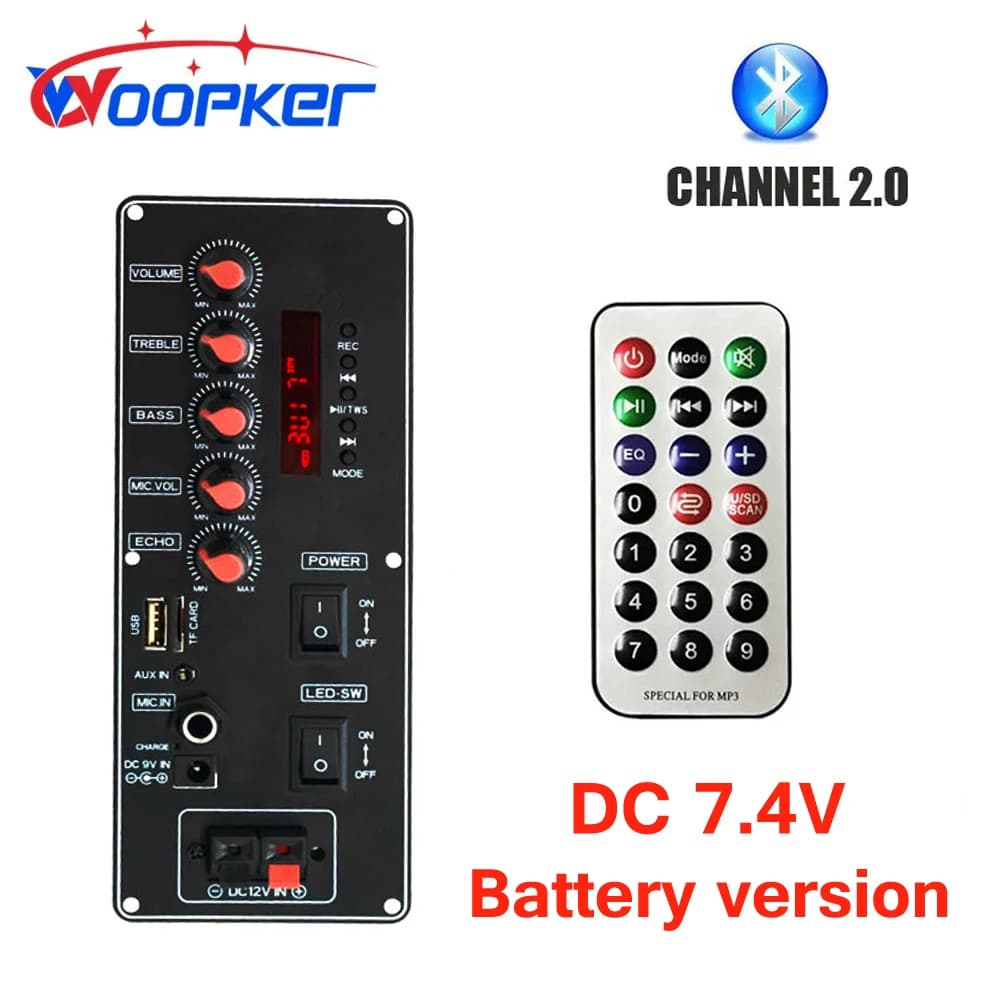 Scheda amplificatore Woopker modello batteria scheda amplificatore da 7,4 V supporta Bluetooth 30 W MP3 AUX chiavetta USB altoparlanti da 5-8 pollici