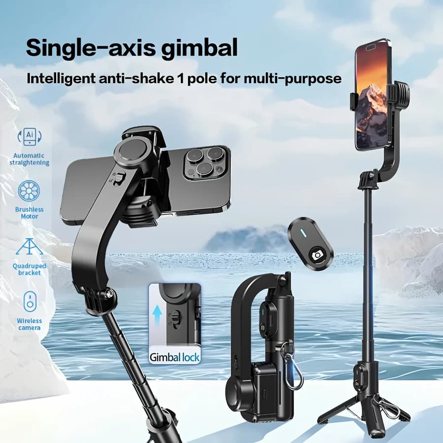 Stabilizzatore per selfie stick con giunto cardanico a asse singolo portatile esterno con interruttore di bloccaggio giroscopio Bastone selfie anti-vibrazione intelligente