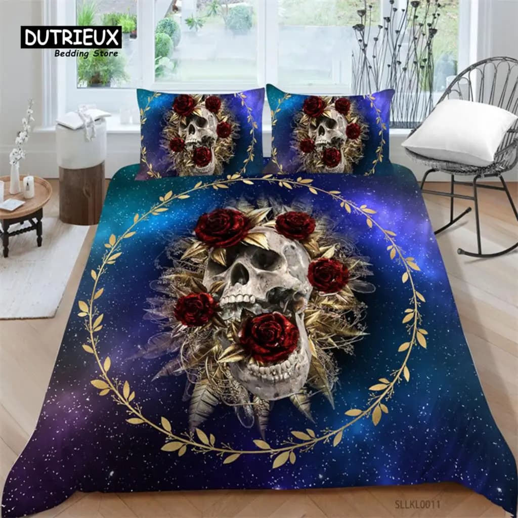 Sugar skull cover Set bed linen skeleton skull gothic headdress Horror complete King for teenagers adult bedroom furniture
