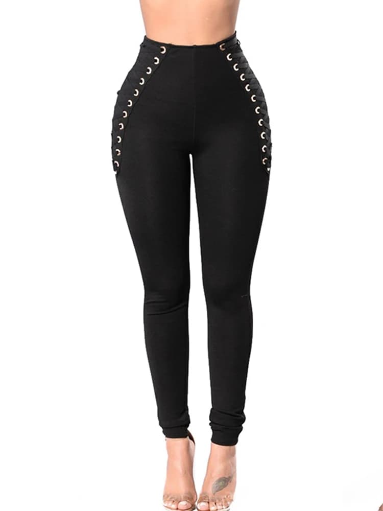 Leggings da donna a vita alta colorati con chiusura a laccio in vita, pantaloni a vita alta elasticizzati a tinta unita con inserti, stile streetwear
