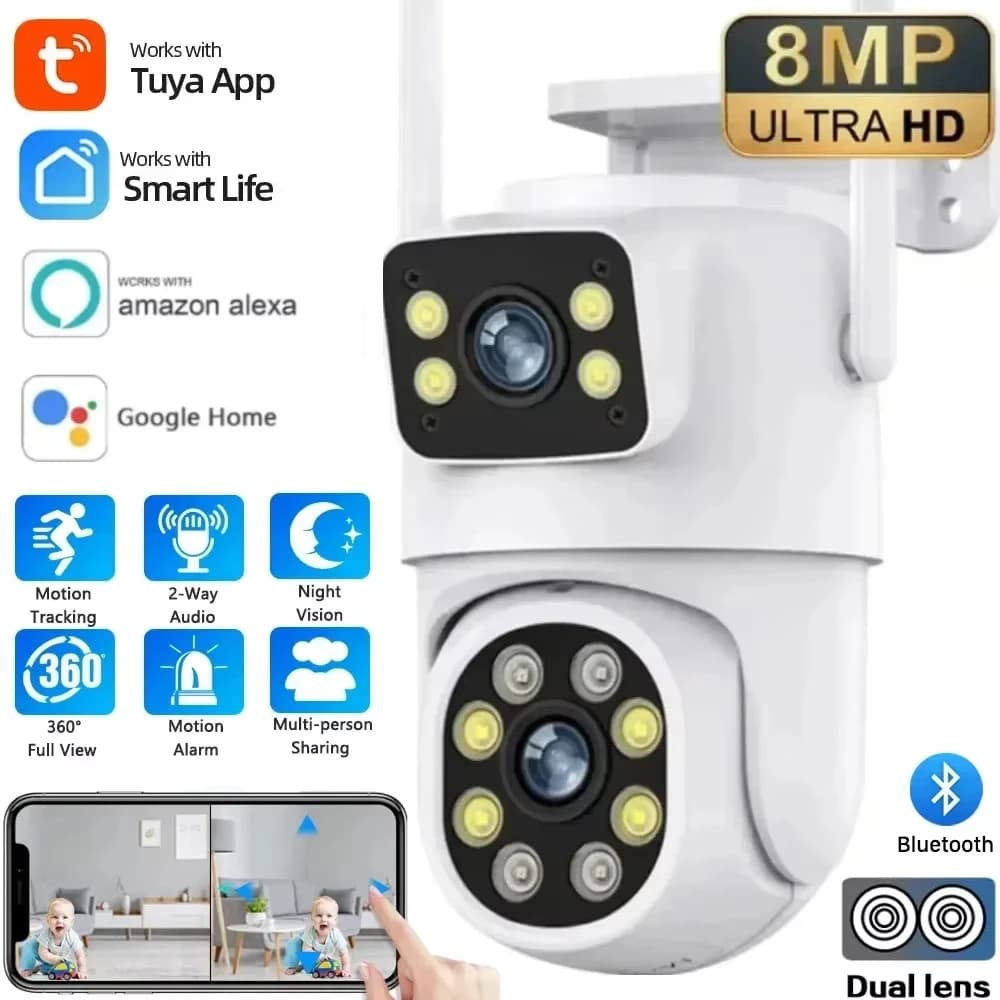 Telecamera WIFI a doppio obiettivo da 8 MP Telecamera WIFI PTZ con tracciamento automatico AI Sorveglianza di sicurezza Full HD esterna Compatibile con Tuya a doppio schermo da 4 MP
