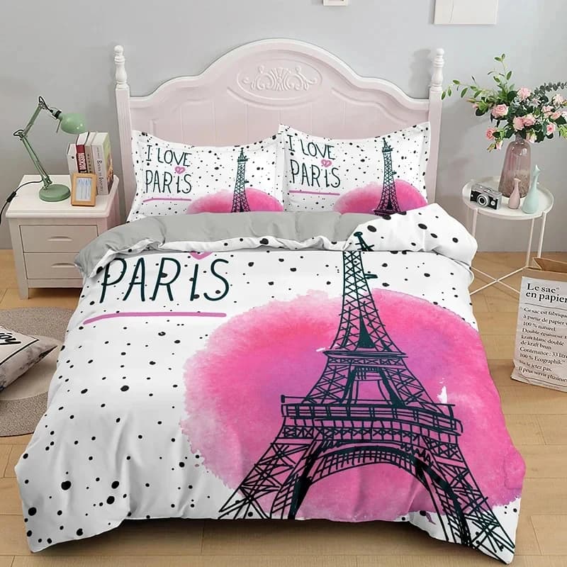 Romantico copripiumino Torre Eiffel Set biancheria da letto floreale in microfibra Parigi Paesaggio urbano Copripiumino doppio per ragazze Adolescenti Camera per adulti