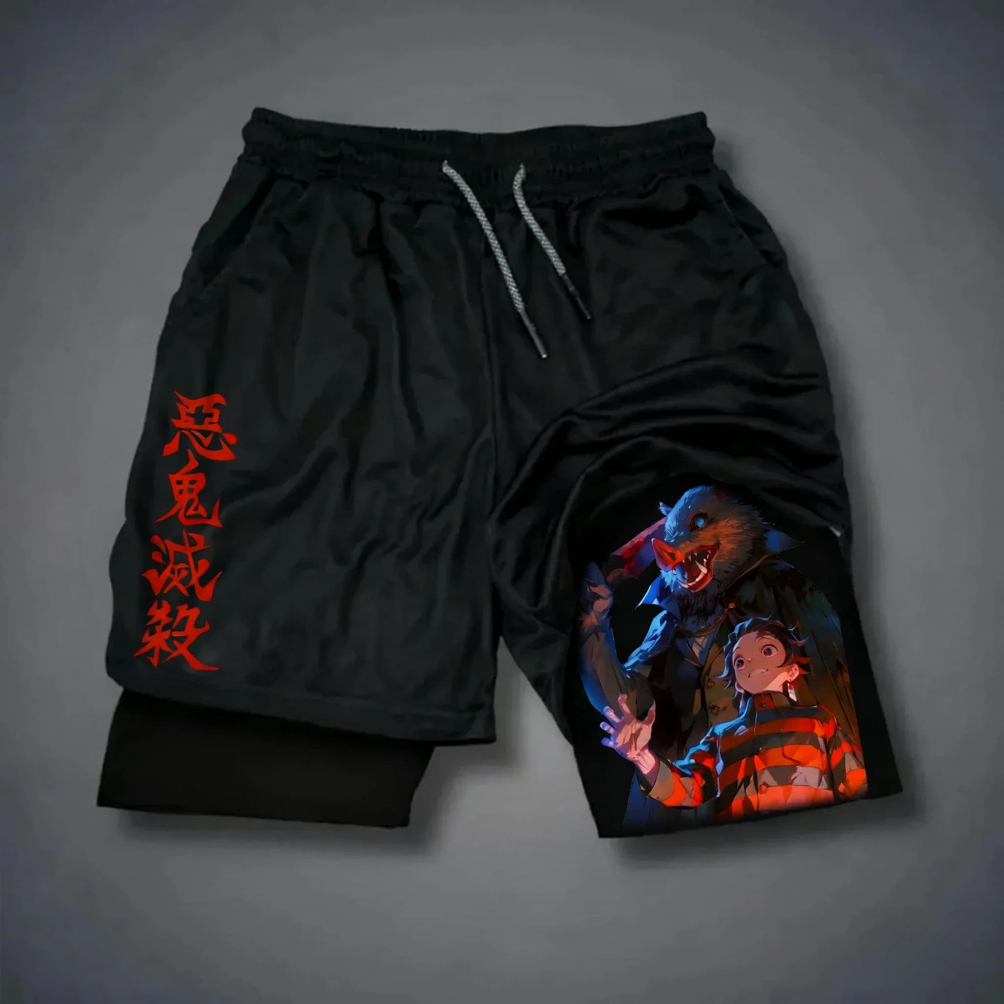 2-in-1 Demon Slayer Men's Sports Shorts, New Summer 2025 Collection, Fashion Fitness, Swimming, Hiking, Double Layer