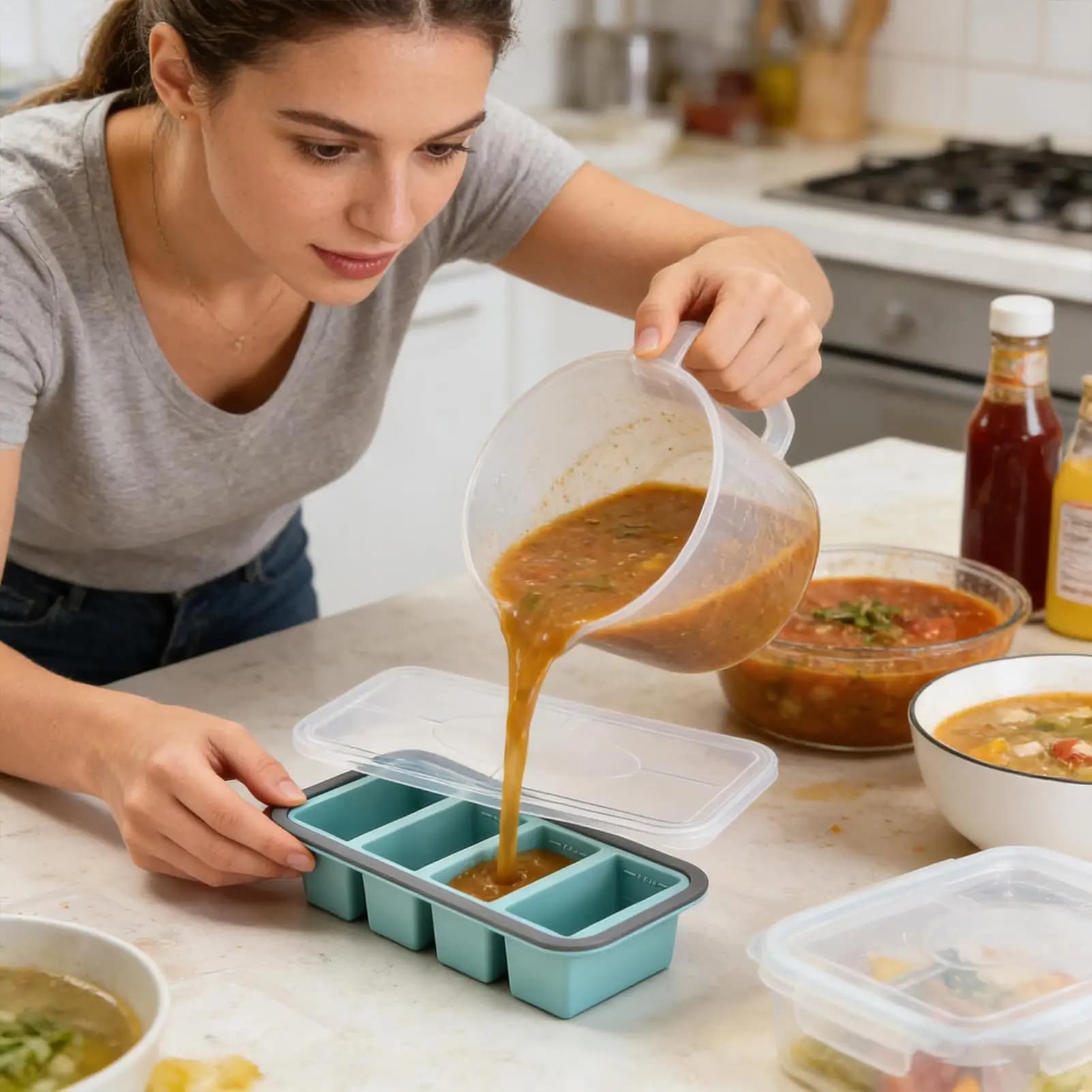 Contenitori in silicone per congelatore: stampi per salsa, brodo, riso, liquidi, residui di cibo e burro