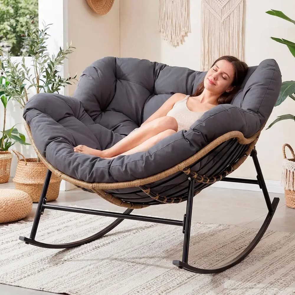 Oversized Cushioned Outdoor Egg Rocking Chair, Patio Lounge Rocker, Heavy Duty Glider for Balcony, Lawn, Porch, Grey