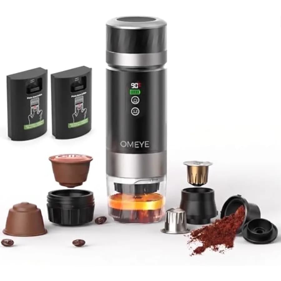 Macchina per espresso portatile per campeggio, viaggi, ufficio, in acciaio inossidabile, nera, macchina da caffè senza fili con autoriscaldamento a 20 bar e LED