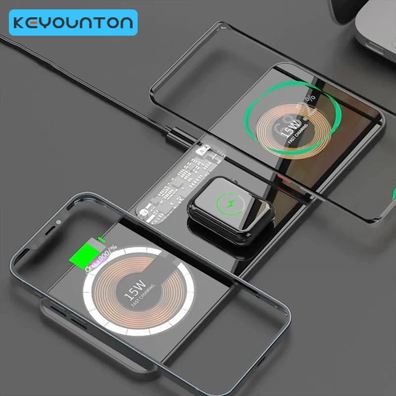 Magnetic wireless charging cap 3 in 1 in transparent tempered glass for iPhone 14 13 Pro 12 15 W fast wireless charger for watch 7 6
