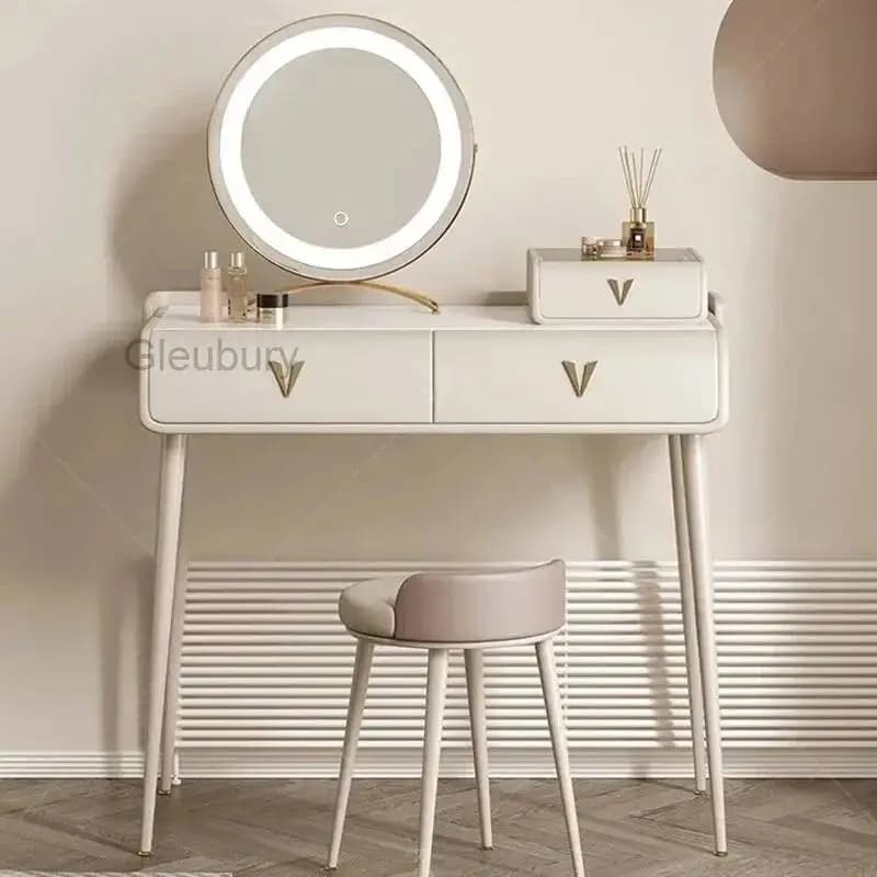 Piccolo Tavolo da Trucco Bianco con Specchio e Sedia, Scrivania, Tavolo da Toeletta, Organizzatore Moderno di Lusso per Unghie, Mobili per Salotto
