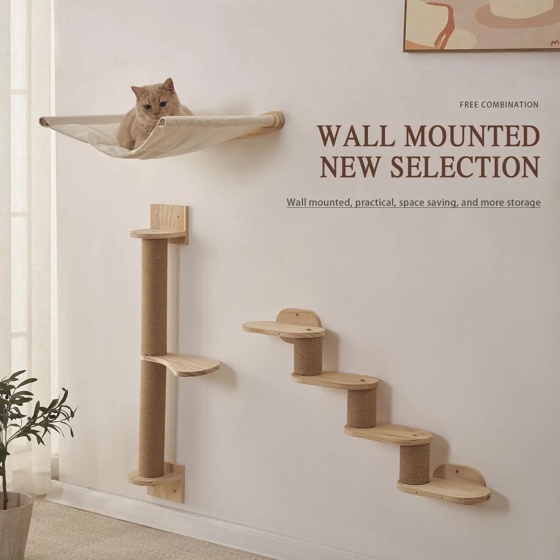 Cat Tree Solid Wood Design Wall Mounted Cat Tower Wall Ladder Cat Tree Tower Jumping Platform Pet Climbing Frame Indoor Activity