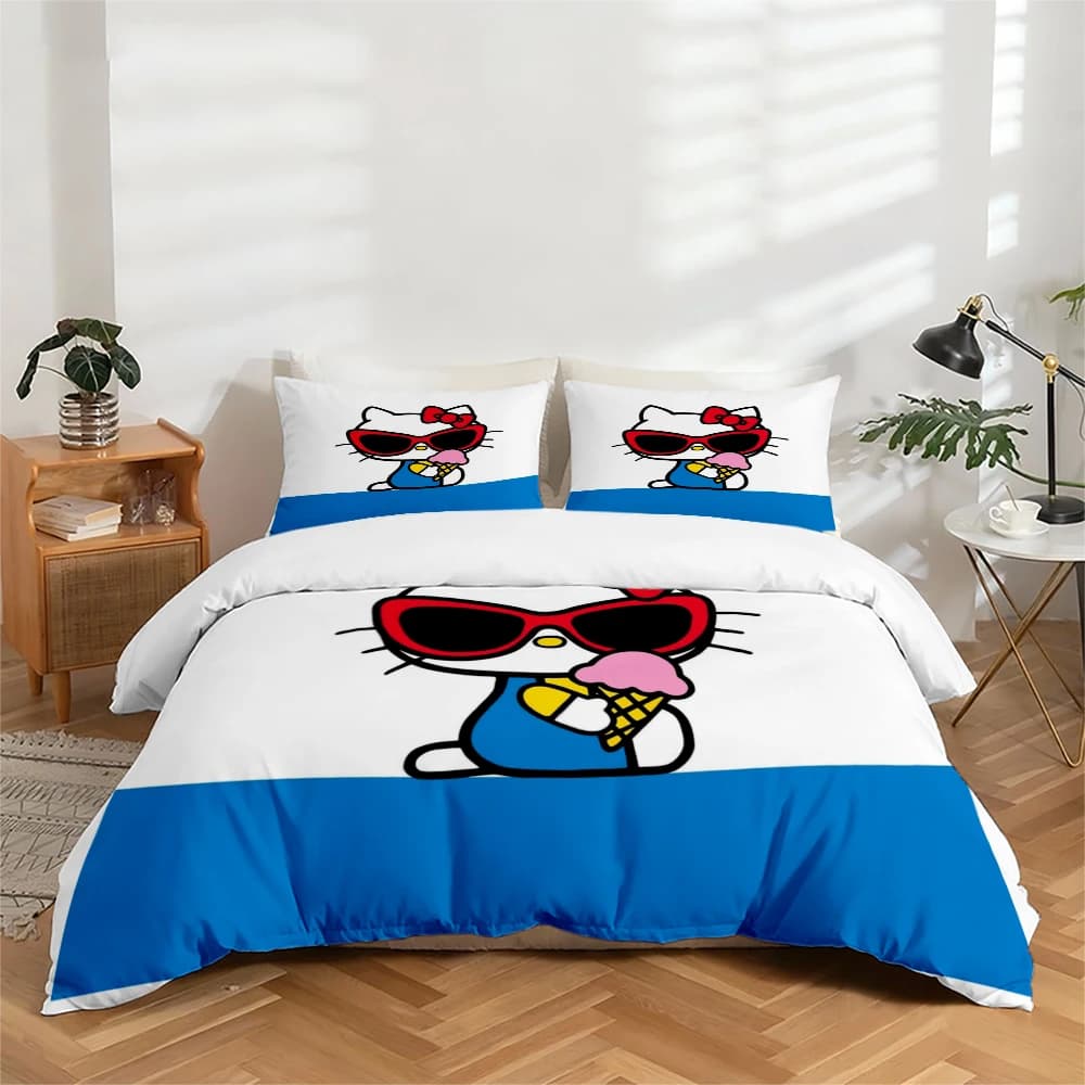 Set of high-definition digital print sheets in 3 pieces, set with large flower print Hello Kitty, includes 1 bed sheet with corners + 2 pillowcase, suitable for bedroom, guest room, home decorations, sheet with polyester fiber corners + pillowcase, ultra soft bed linen, thick fabric, comfortable for all seasons, washing machine