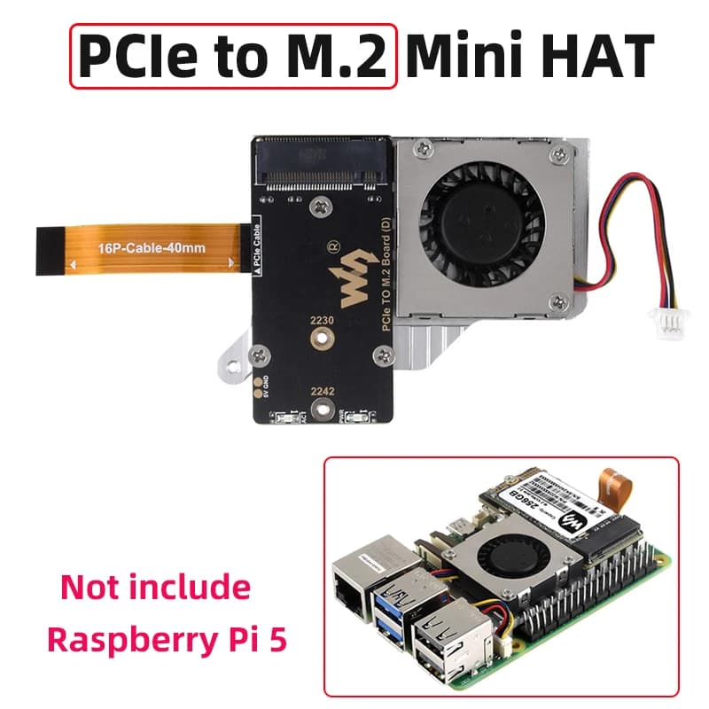 PCIe adapter card to M.2 (E) with cooling fan for Raspberry Pi 5 compatible with high-speed NVMe M.2 SSD reading from 2242/2230