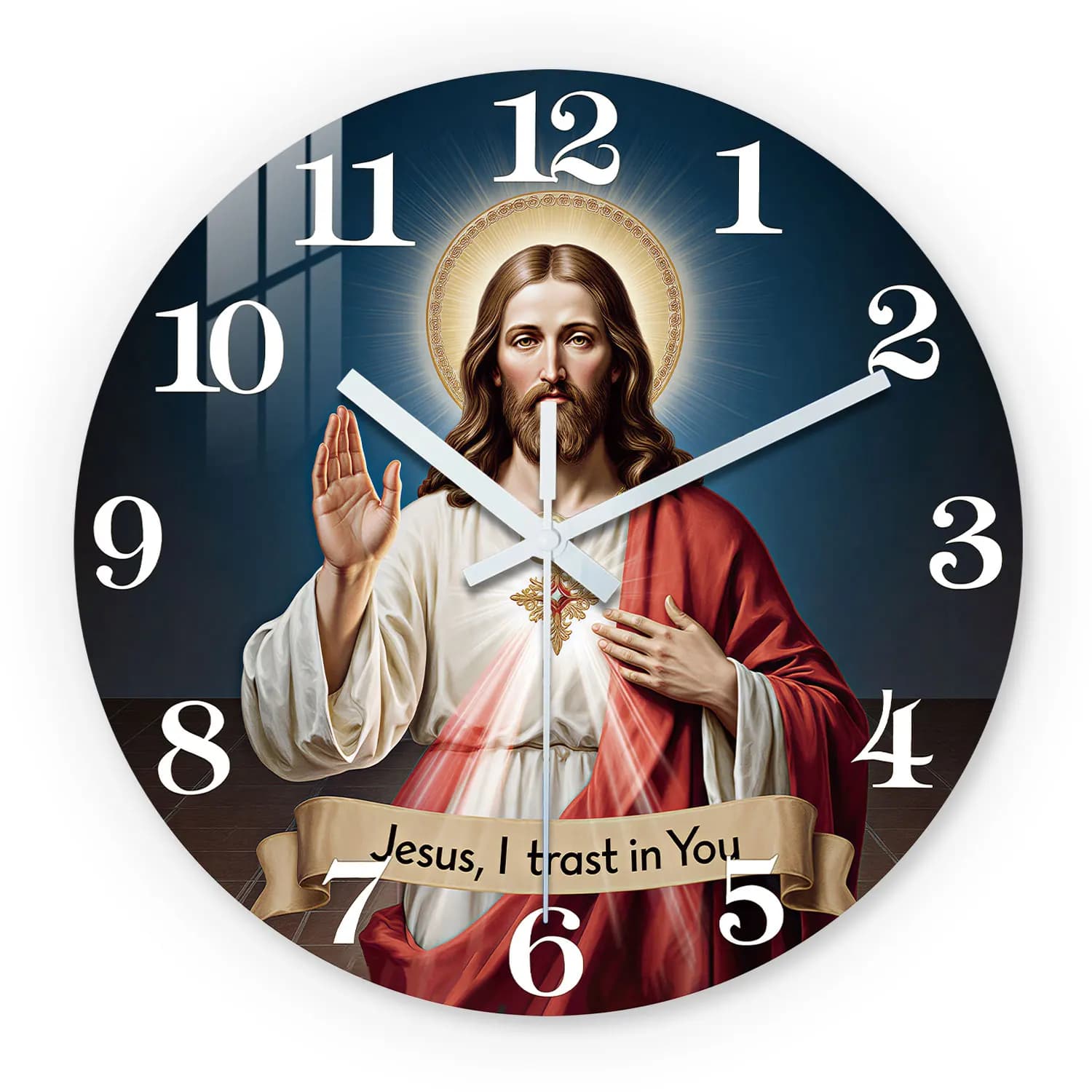 Intense blue wooden wall clock with Sacred Heart of Jesus, silent 10-24 inch wall clocks, battery-powered AA, suitable for living room, bedroom, study, (battery not included) Easter, Mother's Day