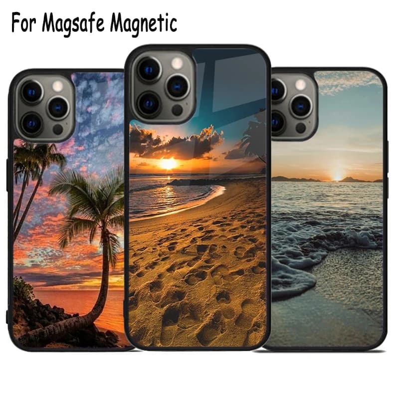 Custodia per telefono con ricarica wireless e design Tramonto Estivo sulla Spiaggia sul Mare per iPhone 17 Air 15 16e 14 13 11 12 Pro Max Plus, Cover Magnetica Magsafe