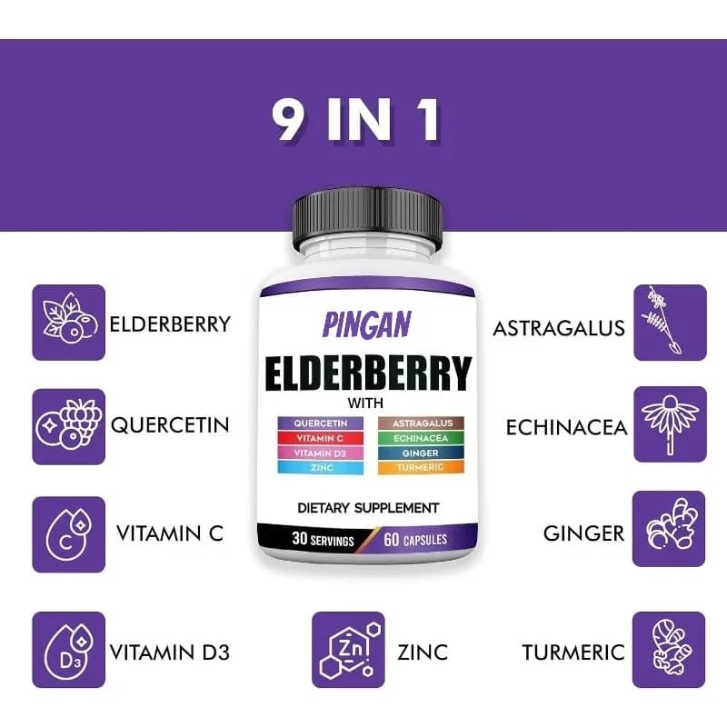 Elder extract capsules contain Quercetin, vitamin C, D3, ginger, zinc, turmeric and equinacea - Immune support supplements