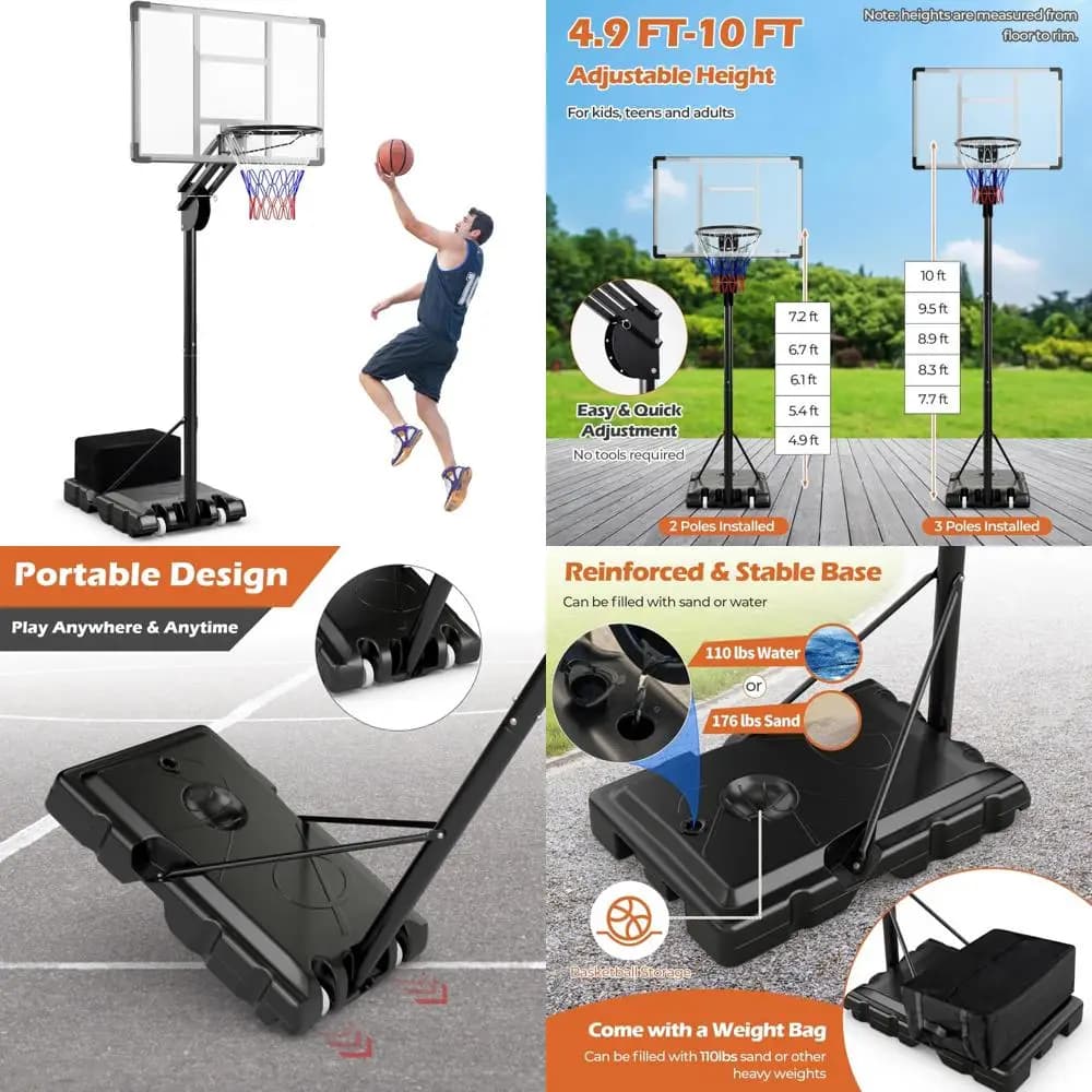 Adjustable outdoor basketball basket with unbreakable board, base and fillable weight, suitable for 4.9 to 10 feet courtyards