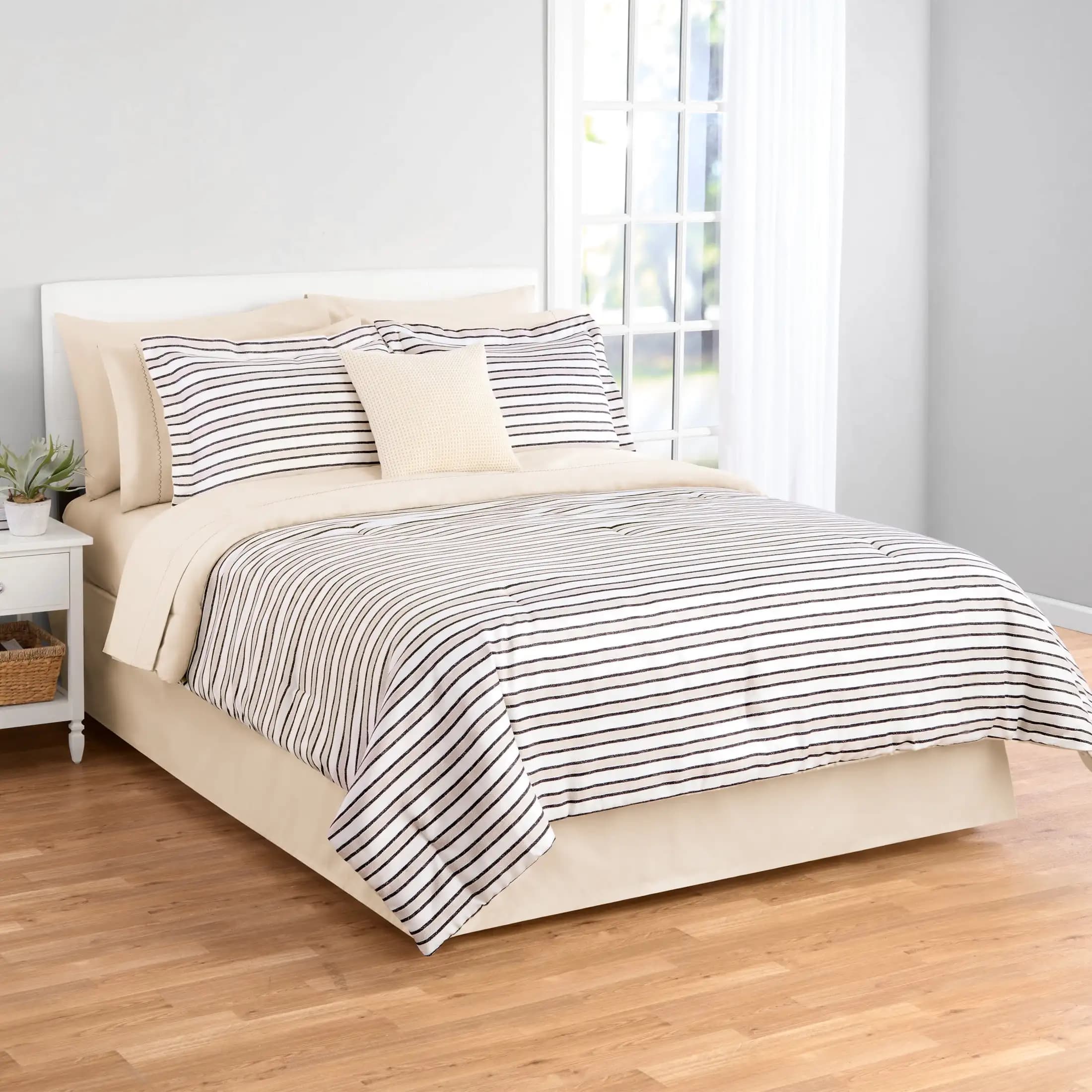 Soft Touch Bed in a Bag 11-Piece Reversible Tan Black Striped Comforter Set with Matching Sheets Queen Size