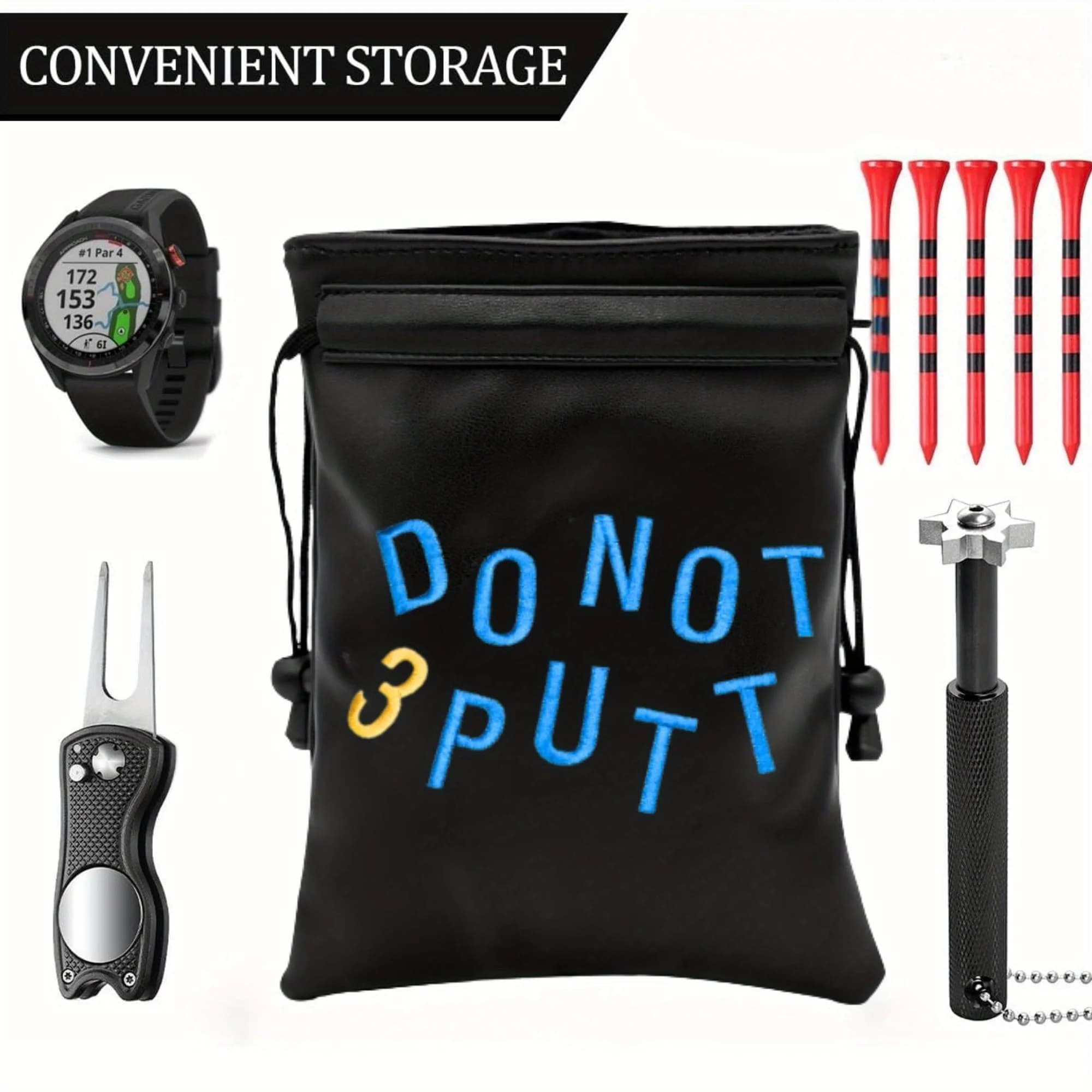 Borsa portaoggetti per palline da golf e oggetti di valore Custodia nera con coulisse con design audace blu/giallo NON PUTT Organizzatore portatile durevole