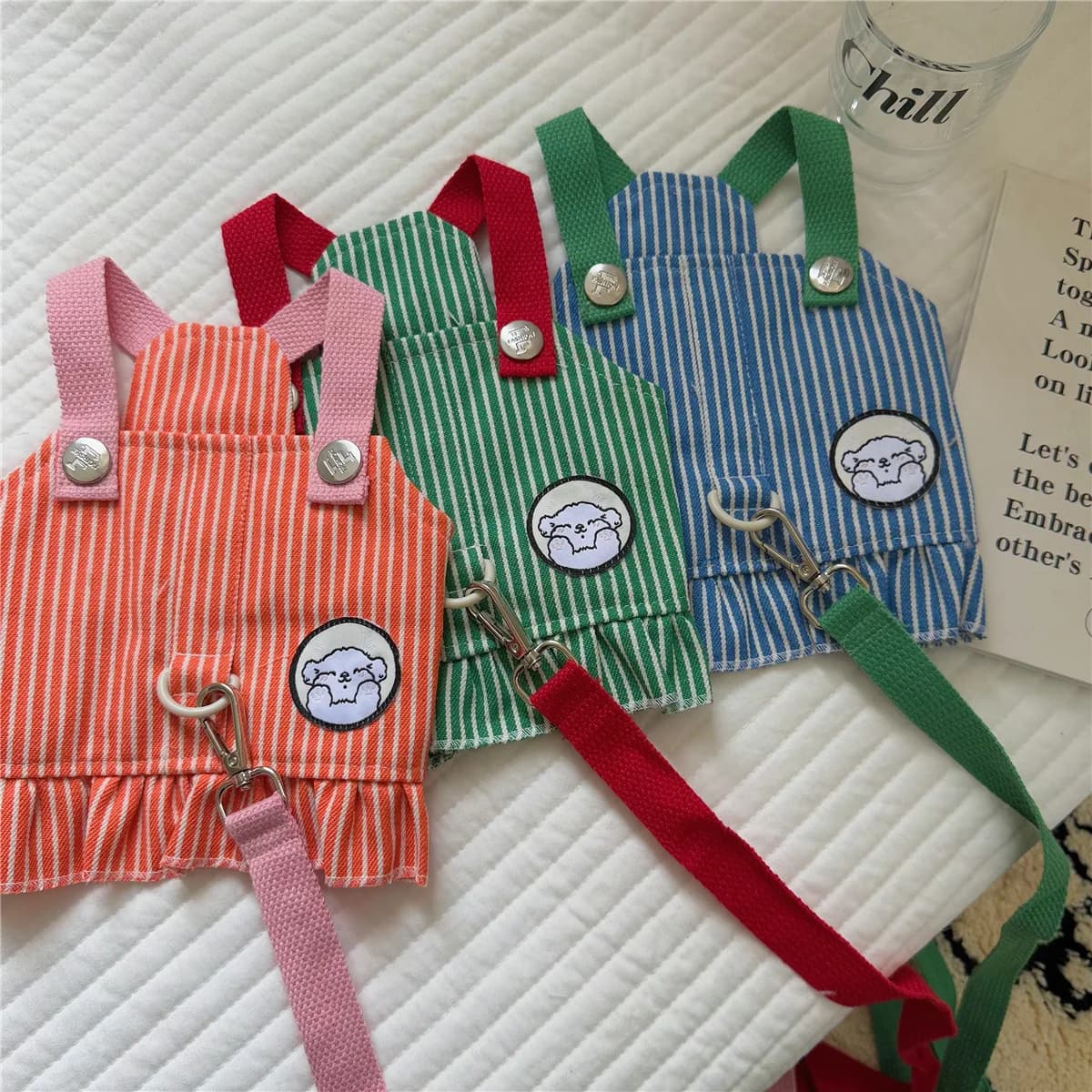 Striped Korean Style Pet Clothes, Dog Harness Leash Vest Combo for Teddy Cats Small Dogs, Cute Pet Apparel for Daily Walk