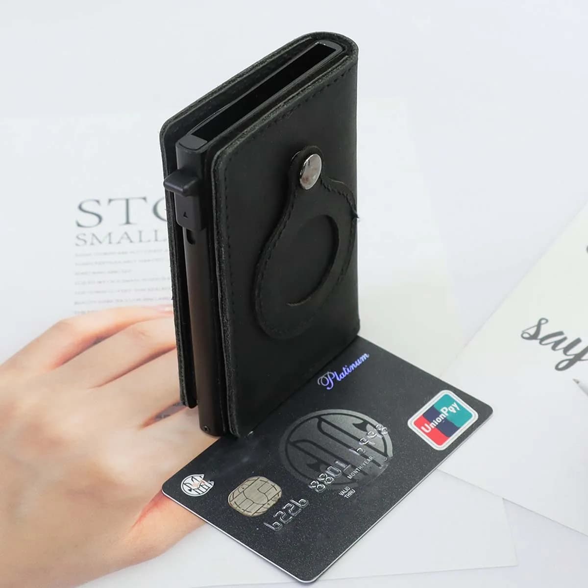 Cattlehide Pop-out RFID Card Holder Slim Aluminum Anti-theft Brush Leather Wallet ID Card Blocking Protect Travel Cardholder