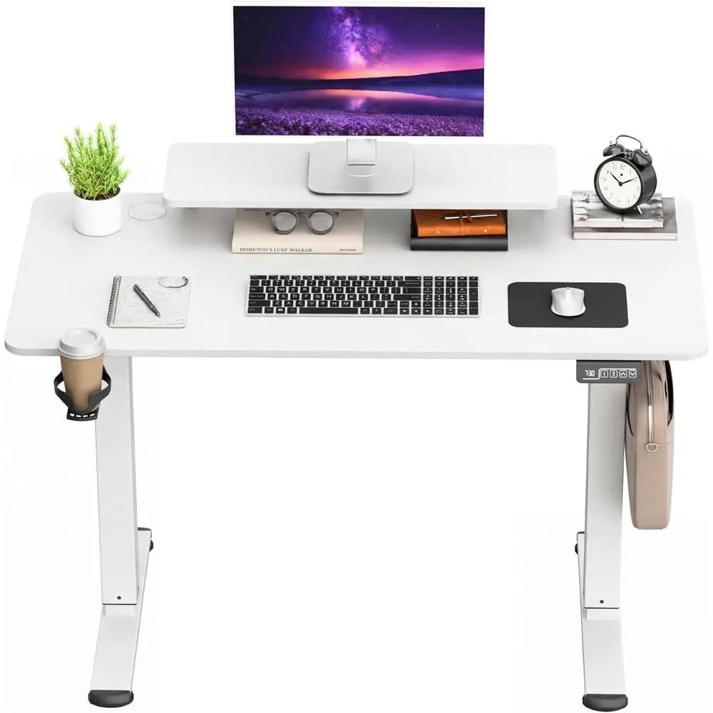 White 47-inch Adjustable Height Sit-Stand Desk with Monitor Stand for Home Office