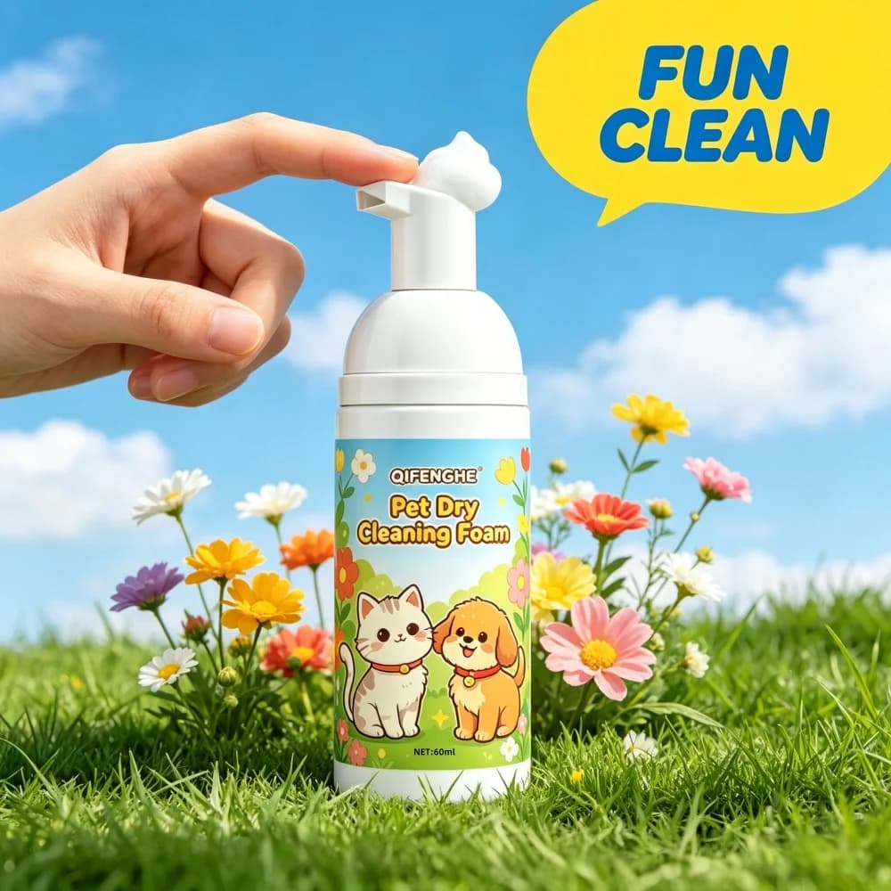 QIFENGHE Schiuma per Pulizia a Secco per Animali Domestici 60ml, Shampoo Senza Risciacquo per Cani e Gatti, Detergente Delicato per il Pelo degli Animali