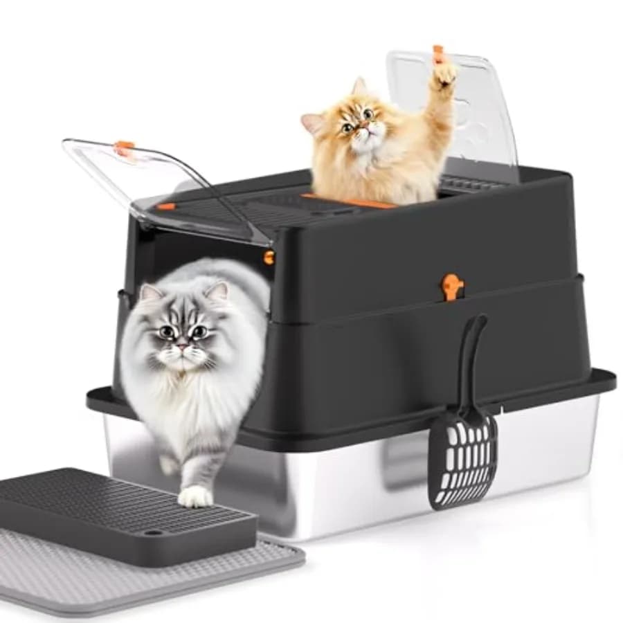 Lettiera per Gatti XL in Acciaio Inossidabile con Coperchio, Facile da Pulire, con Bordi Alti e Ingresso Superiore, con Paletta