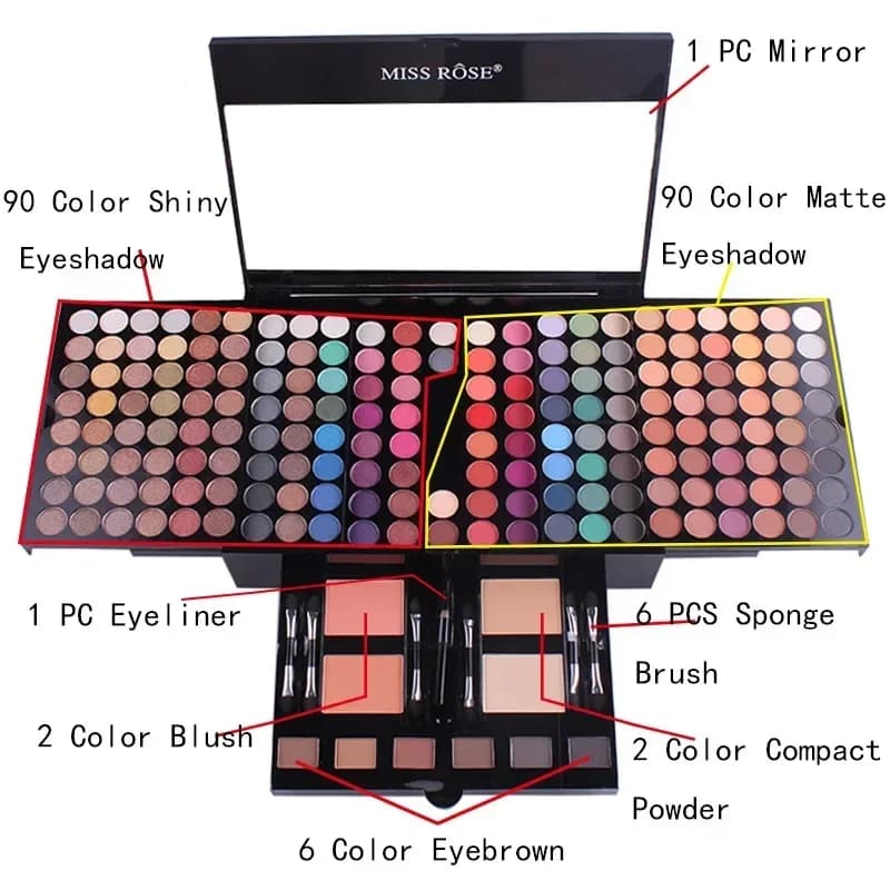 Set of Miss Rose makeup cases, combination of definitive colors, holiday gift set, cosmetics, eye shadow, lip gloss, light, combined palette