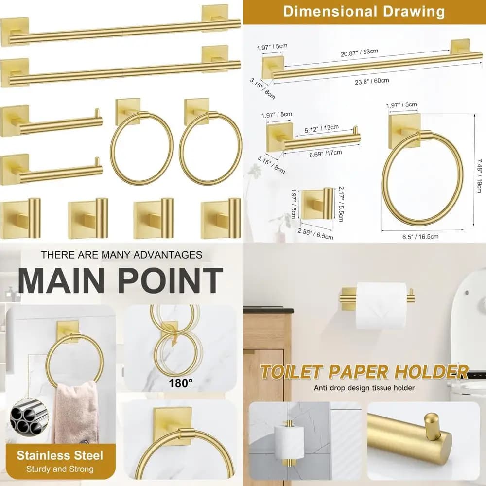 Set portasciugamani in oro spazzolato in acciaio inossidabile, set di accessori per il bagno da 10 pezzi, collezione portasciugamani da 23,6 pollici