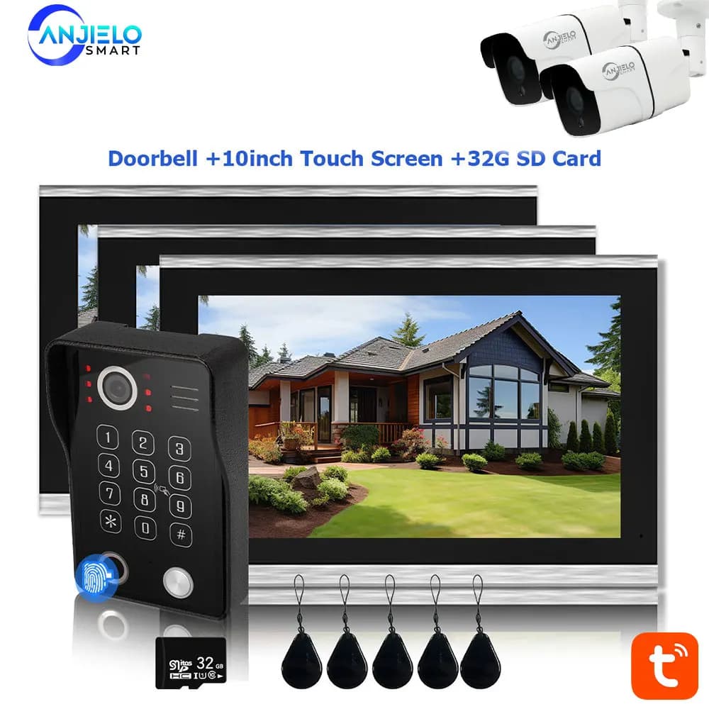 Videocitofono ANJIELO con Sblocco a Impronta Digitale 5in1, Schermo Touch, Videocitofono 1080P, Protezione di Sicurezza Tuya, 3 Monitor
