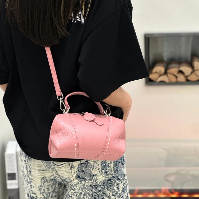 Genuine Cowhide Leather Mini Boston Bag for Women Luxury Designer Pebbled Leather Top Handle Crossbody Bag in Multi Colors