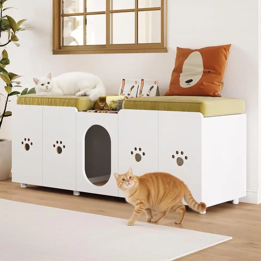 Mobiletto bianco per lettiera doppia per gatti con pannello rinforzato, 55L x 17.7W x 22.5H, elegante e spazioso per due gatti