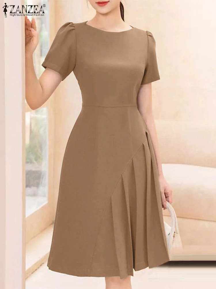 2024 ZANZEA Donne Elegante Ufficio Vestito Da Lavoro Estate O Collo Manica Corta Solido OL Vestito Estivo Moda Casual Al Ginocchio Vestido Robe