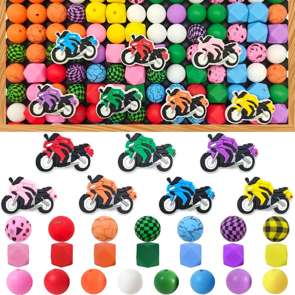 Set di perline in silicone serie moto da 33 pezzi in 7 colori, perfetto per lavori artigianali fai-da-te come portachiavi, collane, braccialetti, ecc.