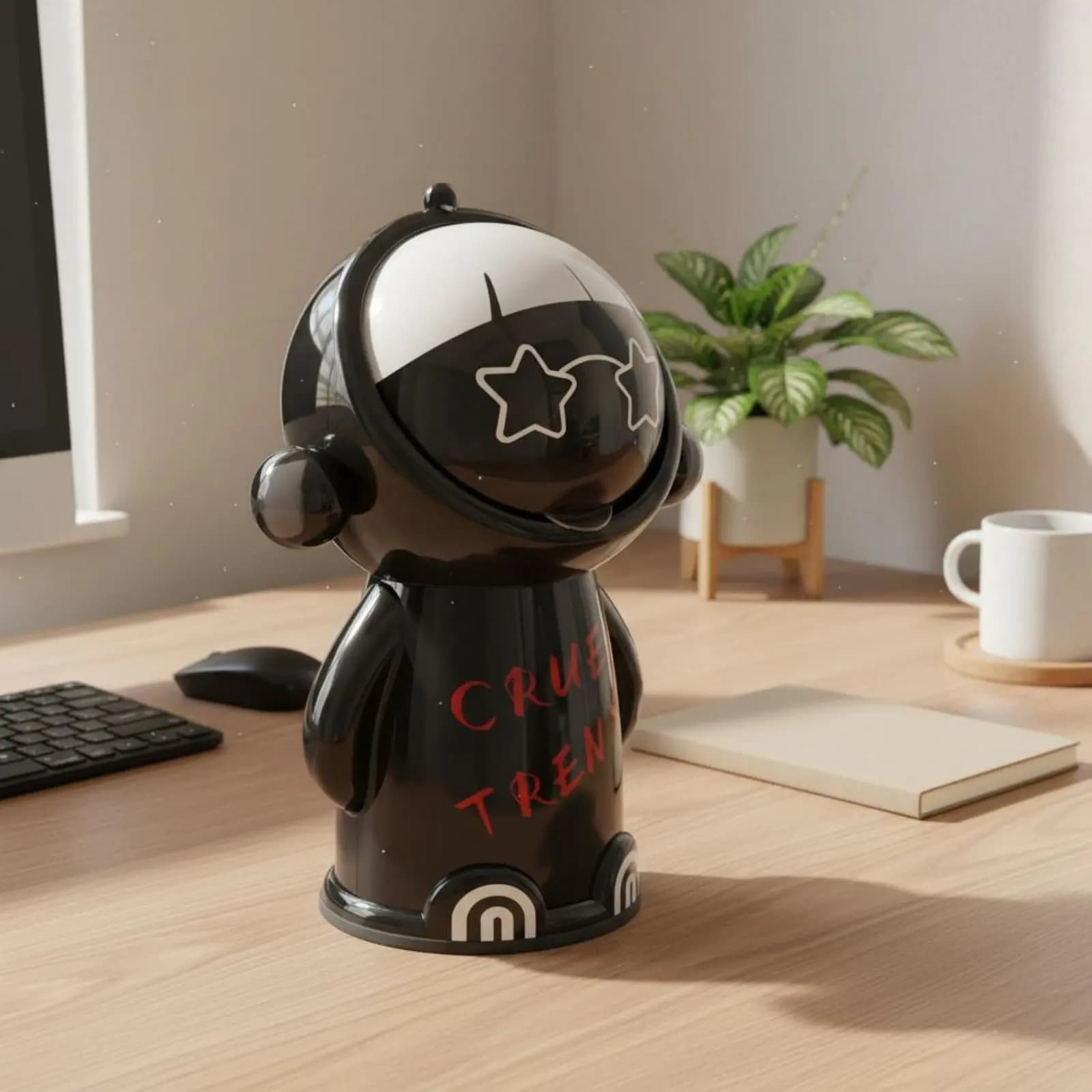 Piccolo cestino da scrivania con coperchio, design elegante, cestino da scrivania a forma di cartone animato, mini cestino per rifiuti a forma di astronauta, apertura ampia per bambini