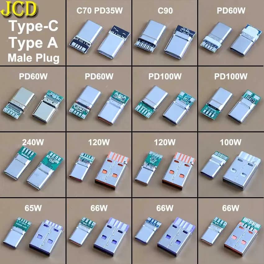 2 Pezzi Connettore Maschio USB Tipo-C per Ricarica Rapida 60W 65W 100W con Saldatura su PCB + Spina Maschio USB Tipo A, Kit Fai-da-Te per Ricarica e Trasferimento Dati OTG
