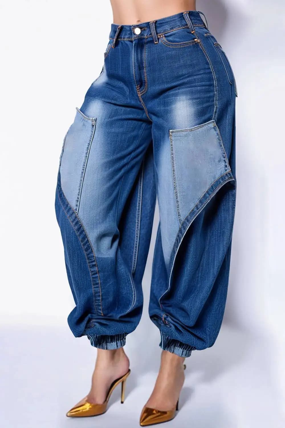 Jeans in denim a vita alta da jogging blu casual taglie forti