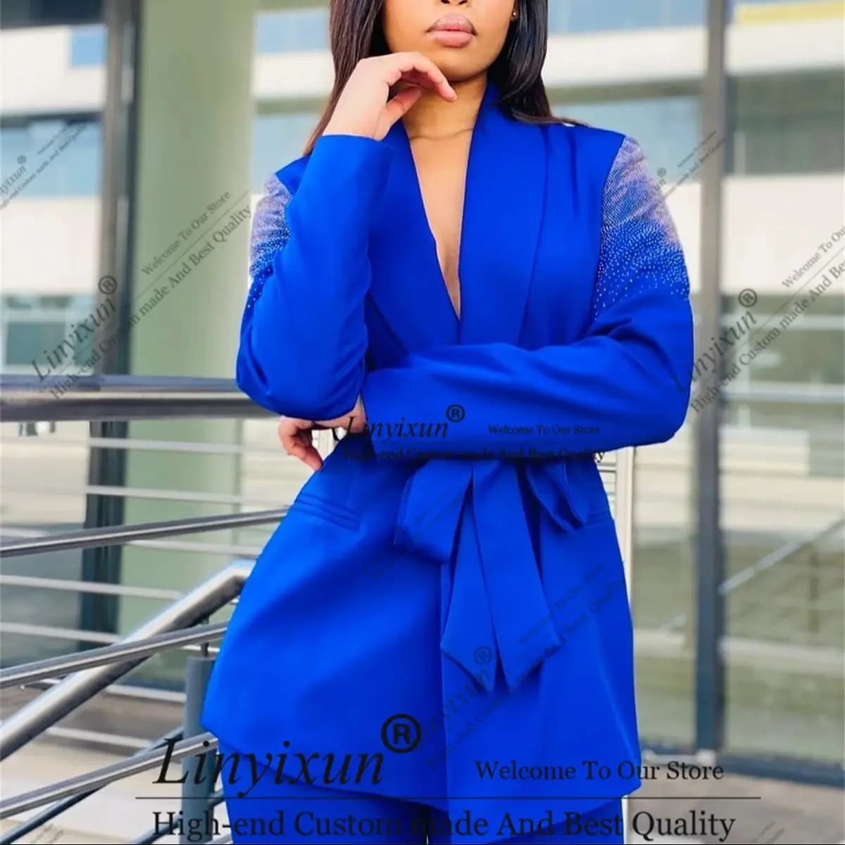 Elegent Ladies' suit Diamond Beaded 2 Pieces Jacket Pants Wear a belt Lady's Blazers Sets Banquet Office Female Clothing