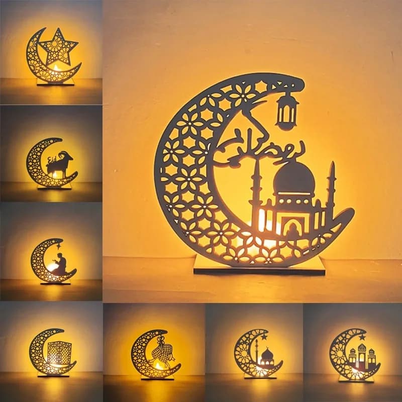 Ramadan LED Luce notturna Stella Luna Festival in legno Artigianato Lampada Musulmano Raya Decorazione per feste Candele elettroniche Luci d'atmosfera