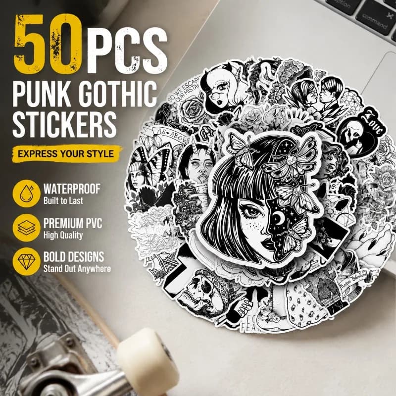 50 Pezzi Adesivi Monocromatici Punk Gotici Graffiti, Eleganti Decorazioni per Valigie, Laptop, Skateboard, Abbellimenti Fatti a Mano