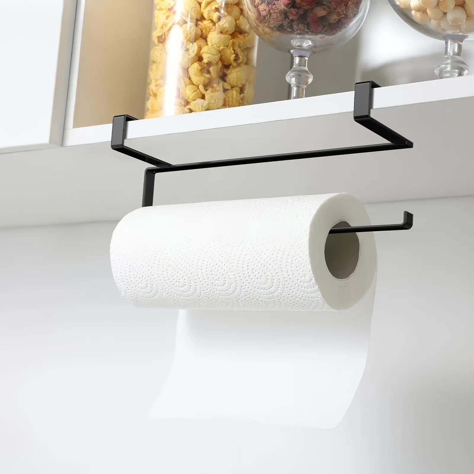 Portarotolo da parete a U, senza chiodi, resistente, per cucina, bagno, armadietto, organizer per carta igienica e asciugamani, nero