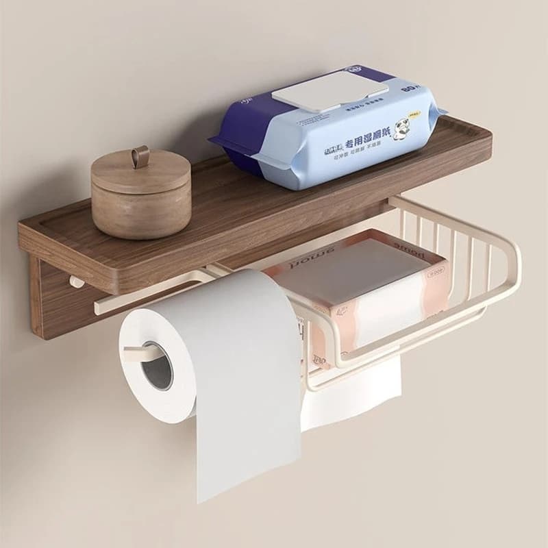 Walnut Wall Mount Tissue Holder Punch-free Bathroom Tissue Box Multifunctional Toilet Paper Storage Rack For Restroom Decor
