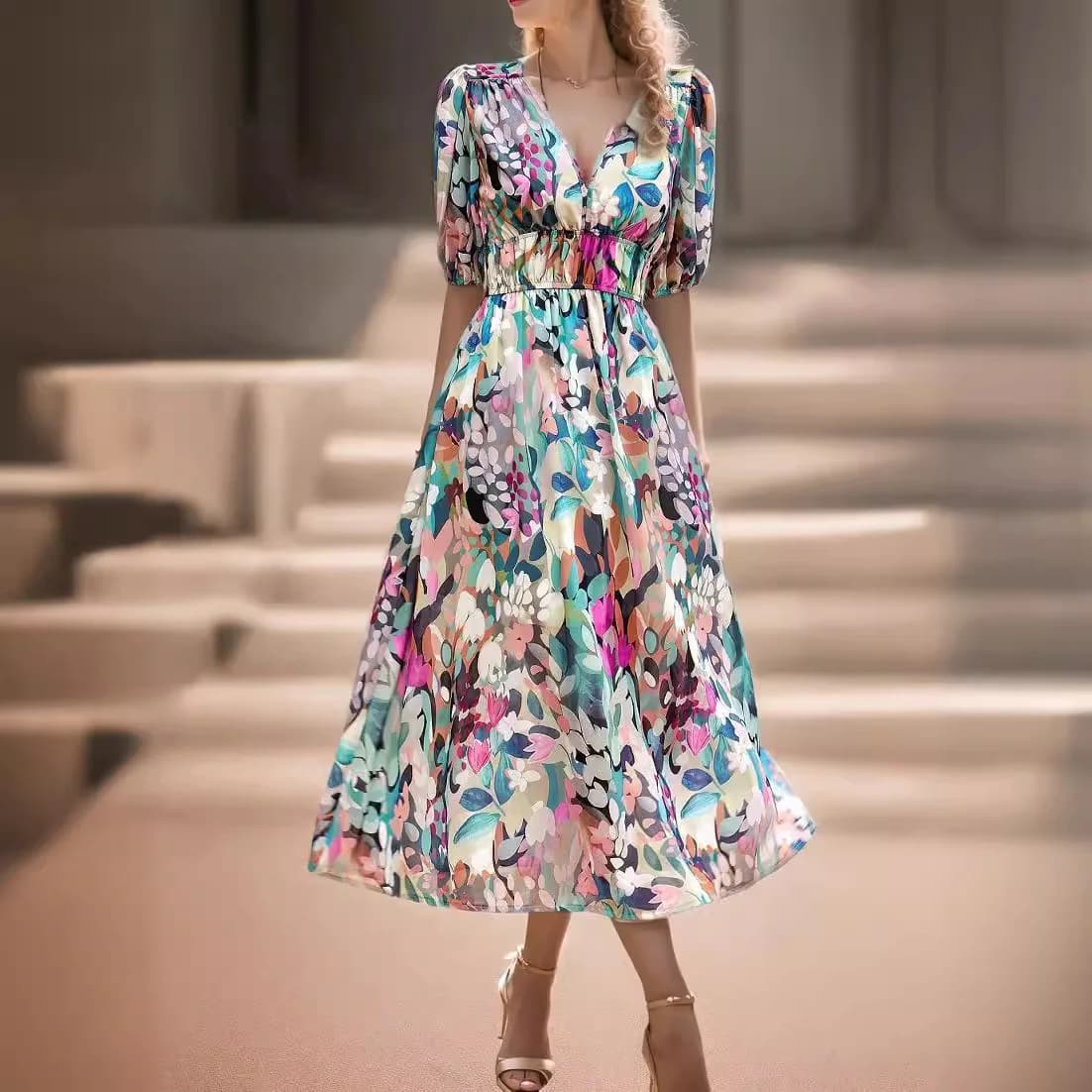 Elegant High Waist A-Line Summer Dress Women's Knitted Short Sleeve Dress Elegant Lady's Dress Chinese Made Thick Fabric