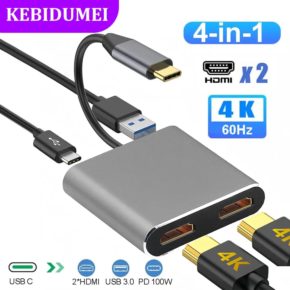 Docking station USB C 4 in 1 Adattatore doppio HDMI HUB USB 3.0 da tipo C a HDMI Adattatore splitter HUB USB C OTG per PC portatile MacBook