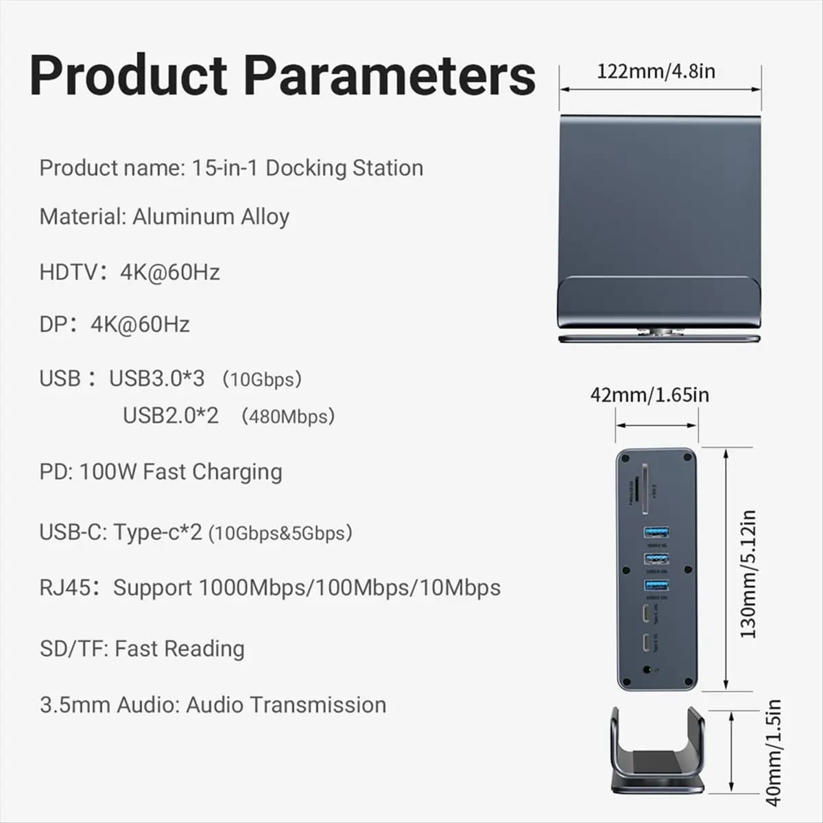 Stable - Docking station USB-C 15 in 1 4K HD vertical hub with triple monitor, RJ45 1000M, USB 3.0/2.0, PD 3.0, SD/TF for laptop PC