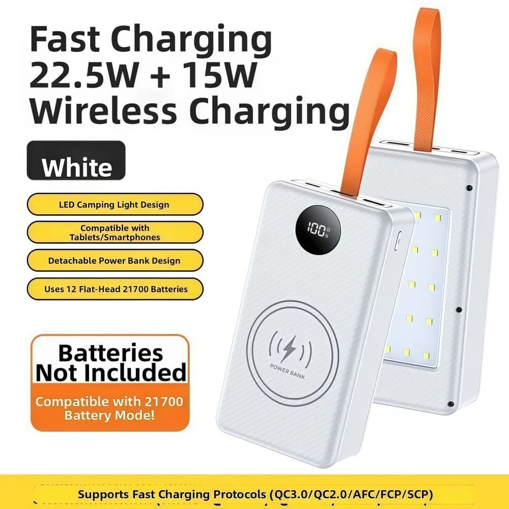 22.5W/15W Wireless Power Bank, 12*21700 Batteries Case with Quick Charging Type-C, Dual USB and Camping Lights