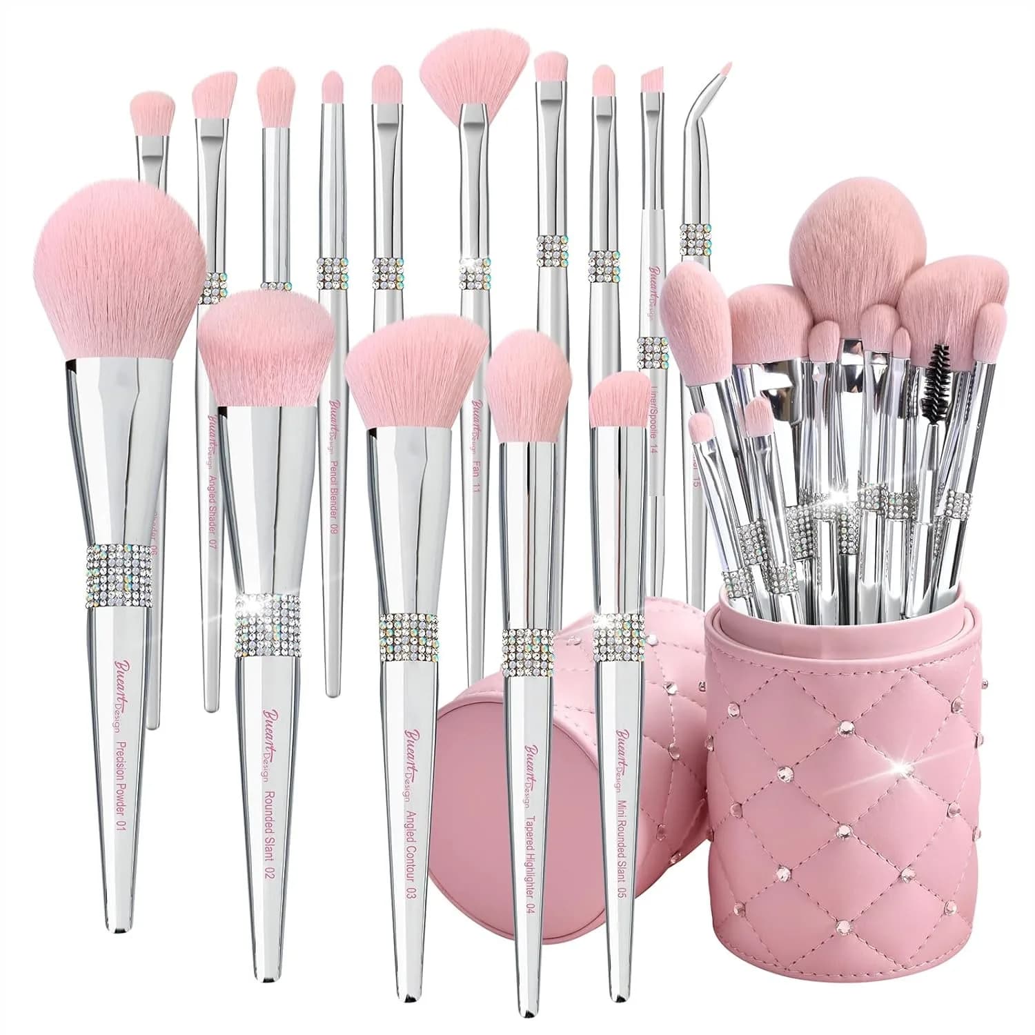 Set di Pennelli da Trucco con Porta Pennelli, 15 Pezzi Rosa Sintetici per Fondotinta, Cipria, Blush, Contouring e Sfumatura, Morbidi, Etichettati, Vegani