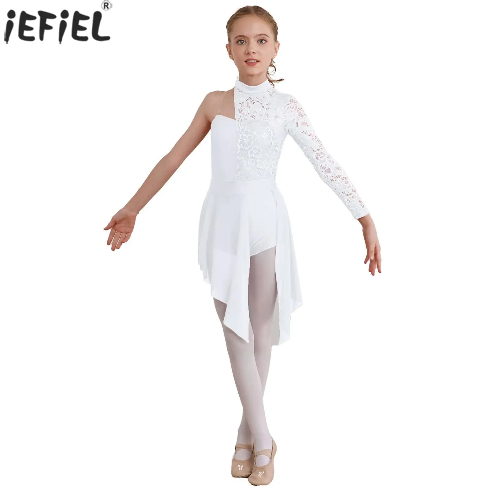 Costume da pattinaggio di figura per danza lirica per bambina, monospalla, in pizzo floreale, per balletto, ginnastica, body, performance, abbigliamento da ballo