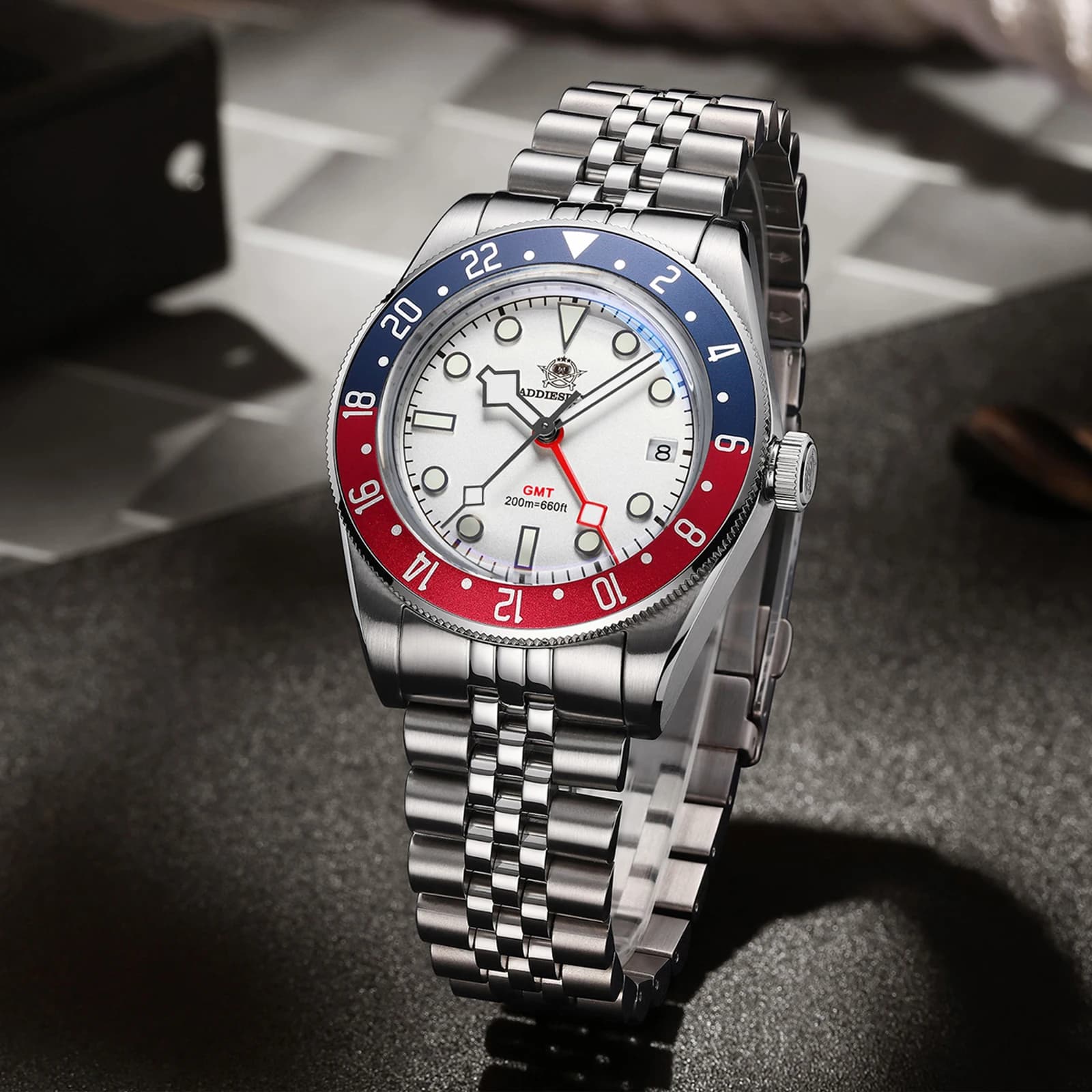 ADDIESDIVE GMT Stainless Steel Luxury Men's Watches Casual Quartz Watch 200MM Waterproof Wrist Watch Relogio Masculine