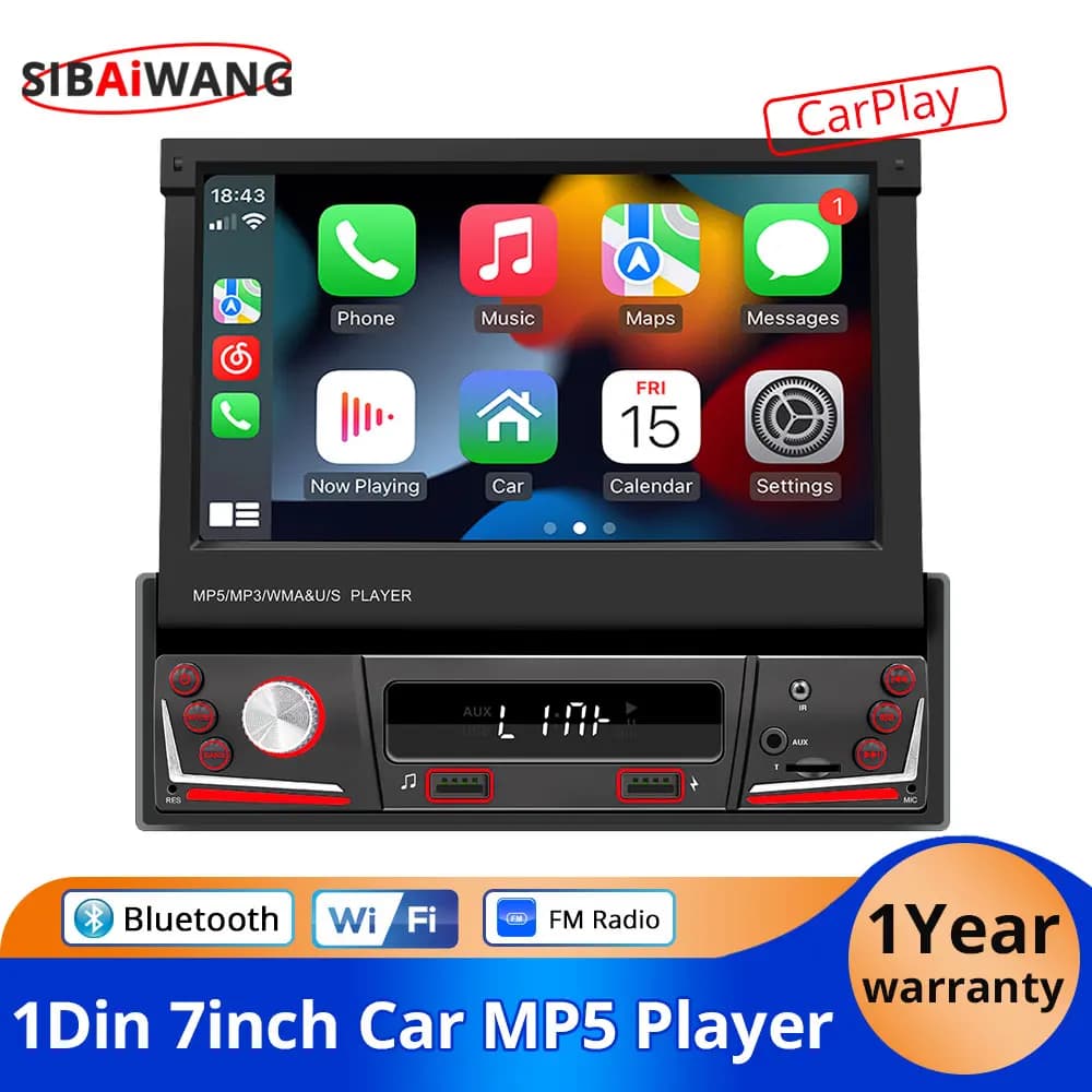 Autoradio 7 pollici elettrico retrattile schermo HD lettore radio per auto 1Din MP5 lettore multimediale Wireless Carplay Android Auto