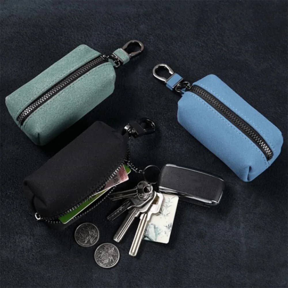 Unisex Keychain with double hinge large capacity Keychain leather suede coin holder portable keychain for men and women